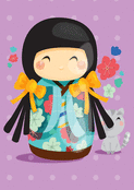 Poup&eacute;e japonaise souriante avec chaton mignon